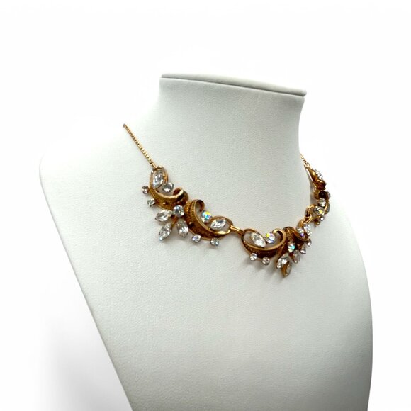 Vintage VAN DELL 12K Gold Plate Crystal Necklace with Filigree Wedding Jewelry - Picture 4 of 11